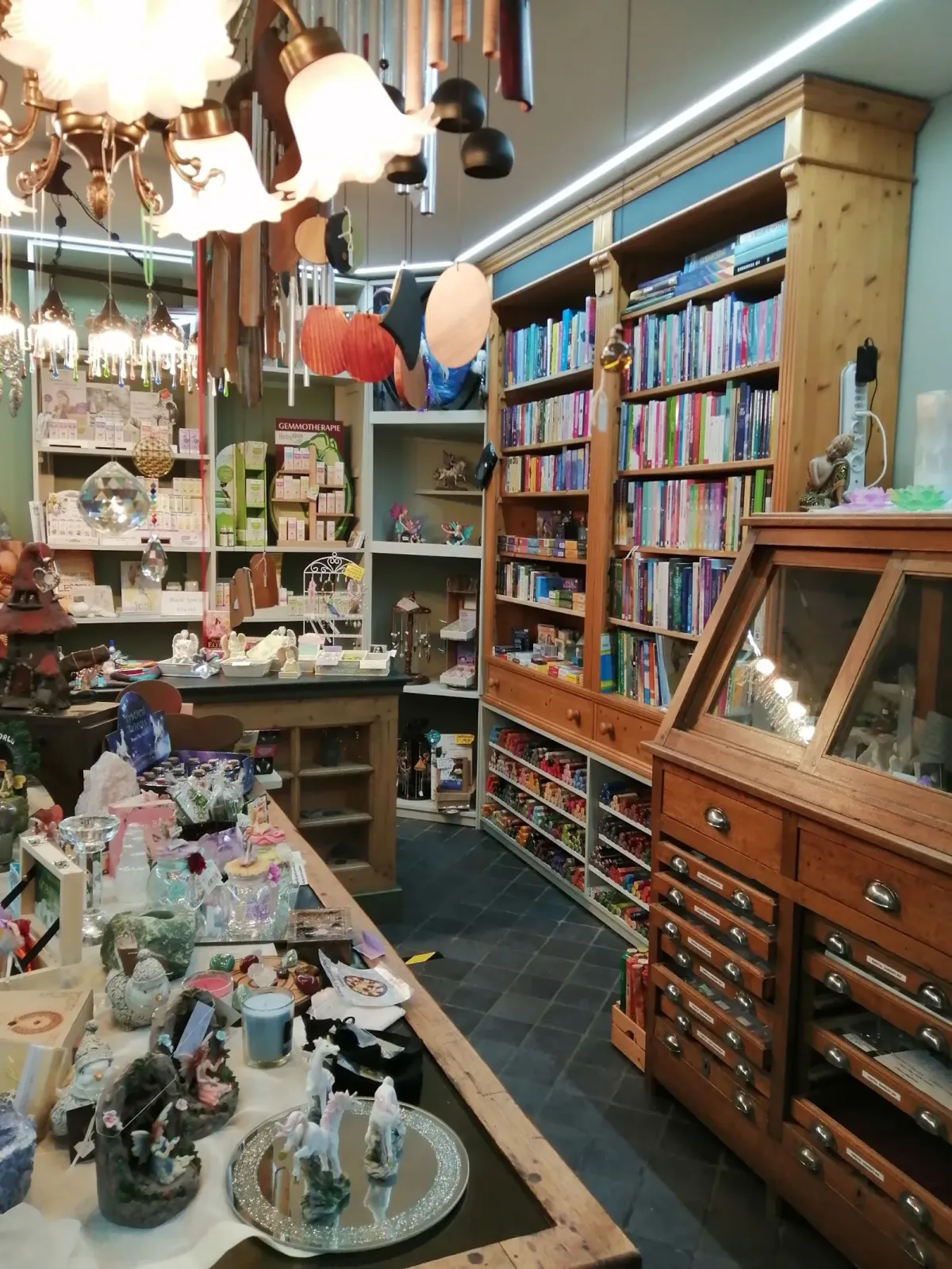 Overzicht van de winkel met boekenkasten, mineralen en een vitrinekast