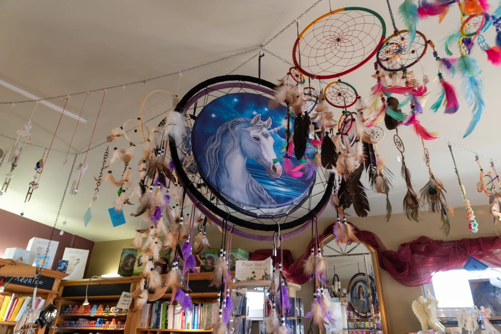 Kleurrijke dromenvangers aan het plafond van de winkel Juniper, met boekenrekken op de achtergrond